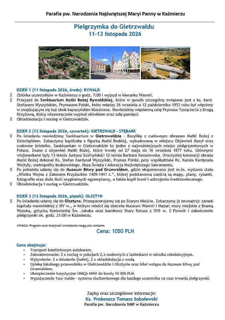 Pielgrzymka do Gietrzwałdu  11-13 listopada 2026